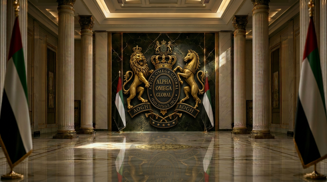 Sovereign state hall with the Alpha Omega Global Holdings crest mounted on a marble feature wall, flanked by ceremonial United Arab Emirates flags